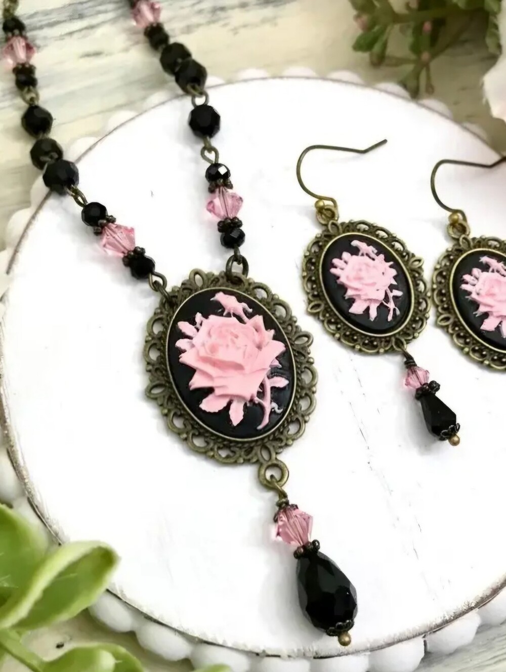 JEWELRY SET 3pcs Elegant  ANTIQUE  Pink Rose  Necklace And Earring Set